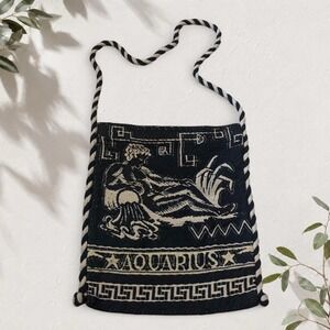 Vintage K. MIK Greece Aquarius Zodiac Bag Black White Greek Key Celestial Boho
